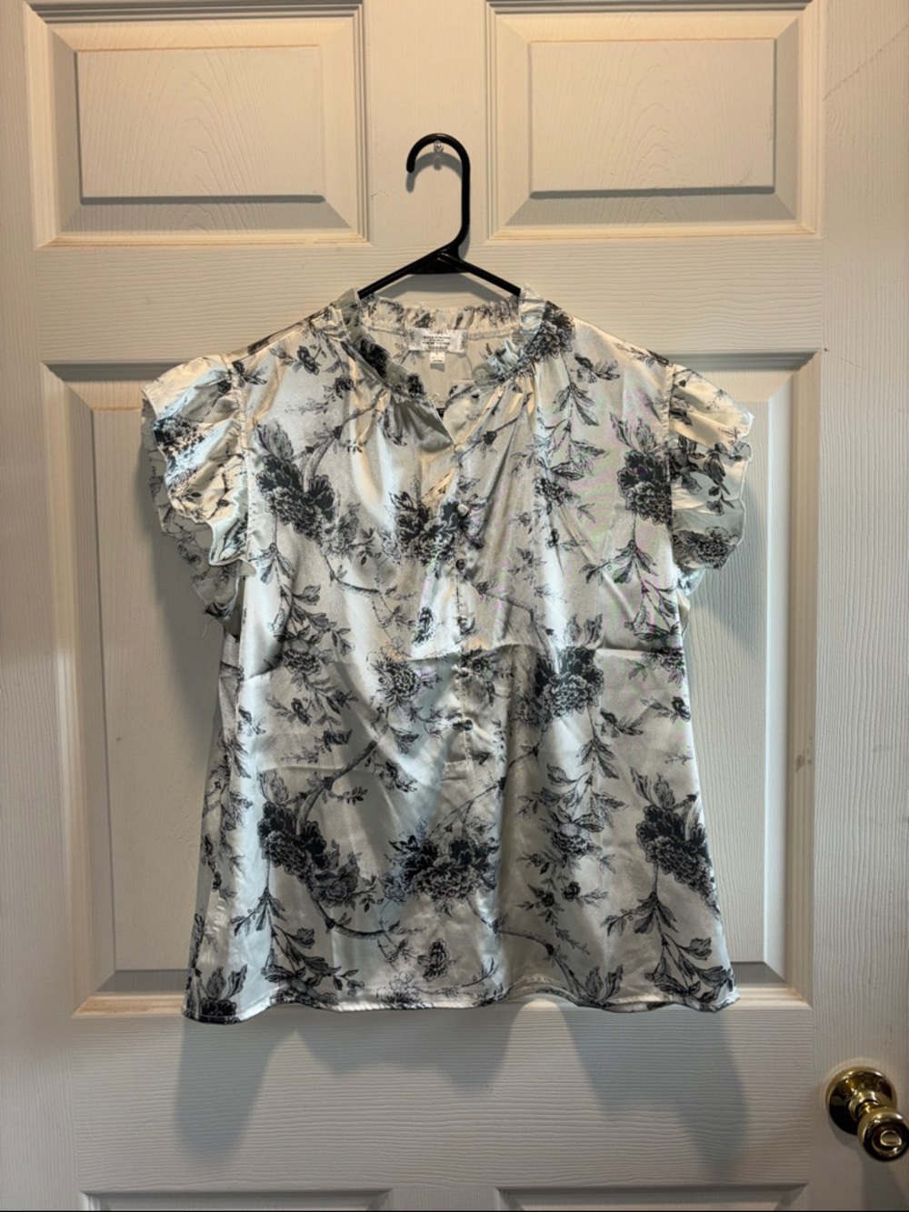 Silk Black Floral Ruffle Sleeve Blouse - White/Black